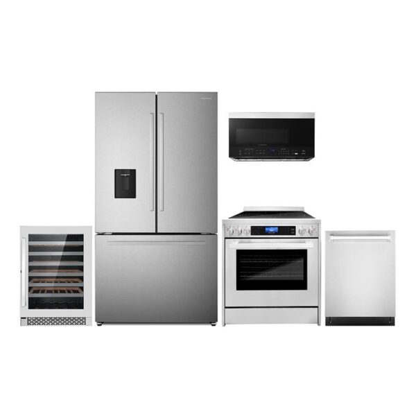 Cosmo 5 Piece Kitchen Appliance Package with French Door Refrigerator , 30'' Electric Freestanding Range , Built-In Dishwasher , Over-the-Range Microwave , and Wine Refrigerator