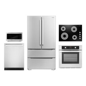 Cosmo 5 Piece Kitchen Appliance Package with French Door Refrigerator , 30'' Electric Cooktop , Wall Oven , Over-the-Range Microwave , and Wine Refrigerator