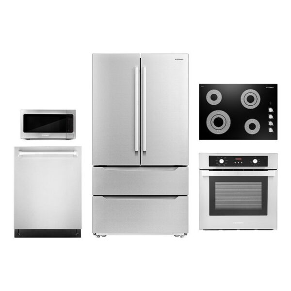 Cosmo 5 Piece Kitchen Appliance Package with French Door Refrigerator , 30'' Electric Cooktop , Wall Oven , Over-the-Range Microwave , and Wine Refrigerator