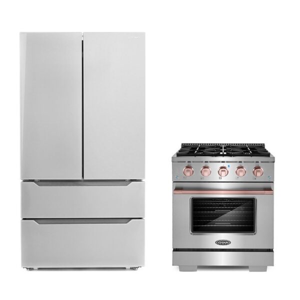 Cosmo 3 Piece Kitchen Appliance Package with French Door Refrigerator , 30'' Gas Freestanding Range