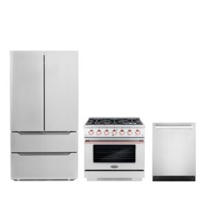 Cosmo 3 Piece Kitchen Appliance Package with French Door Refrigerator , 36'' Gas Freestanding Range , Built-In Dishwasher