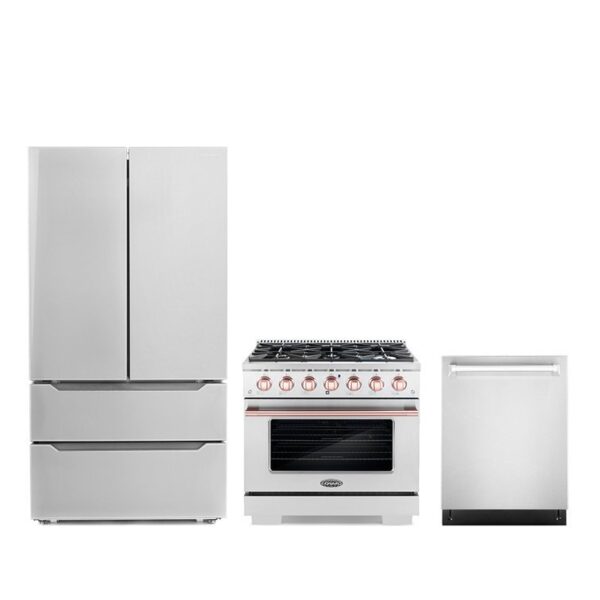 Cosmo 3 Piece Kitchen Appliance Package with French Door Refrigerator , 36'' Gas Freestanding Range , Built-In Dishwasher
