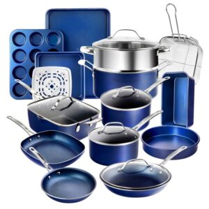 Blue 20 Piece Aluminum Non Stick Cookware & Bakeware Set with Ultra Nonstick Surface, Oven & Dishwasher Safe